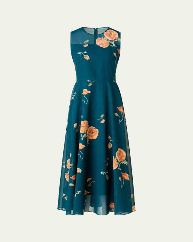 Anemone Print Belted Fit-and-Flare Voile Dress